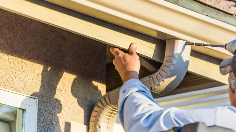 Close-up of a contractor fixing a rain gutter and downspout.