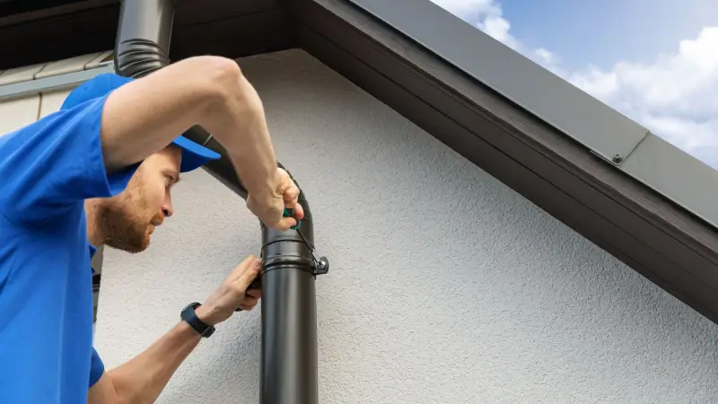 A professional technician performing gutter repair by securing a downspout to a home's exterior.
