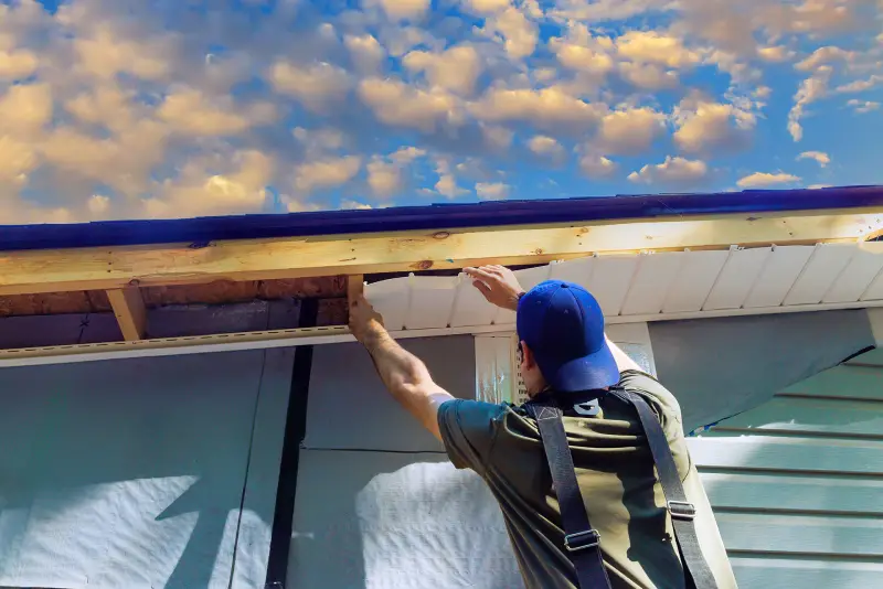 A contractor installing a soffit under the roofline.